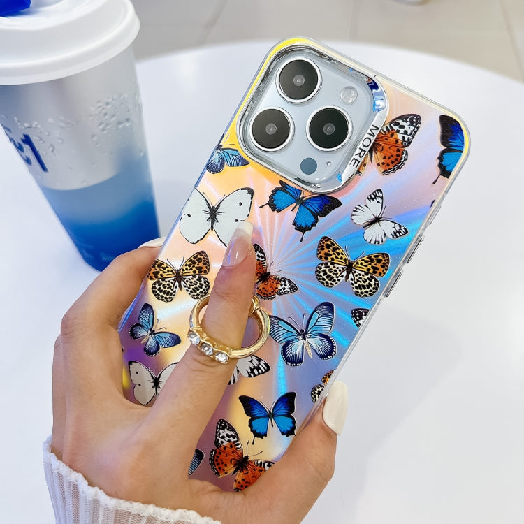 For iPhone 16 Pro Electroplating Laser Butterfly Ring Holder Phone Case