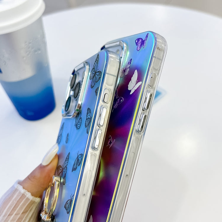 For iPhone 15 Pro Max Electroplating Laser Butterfly Ring Holder Phone Case