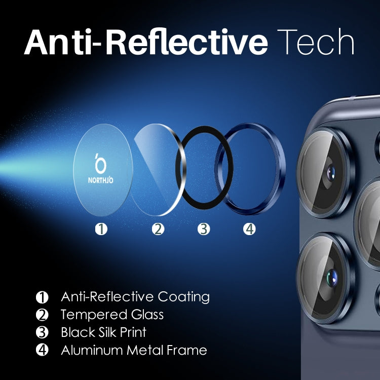 For iPhone 15 Pro / 15 Pro Max NORTHJO 2 Set 6pcs Camera Lens Protector Cover Metal Ring