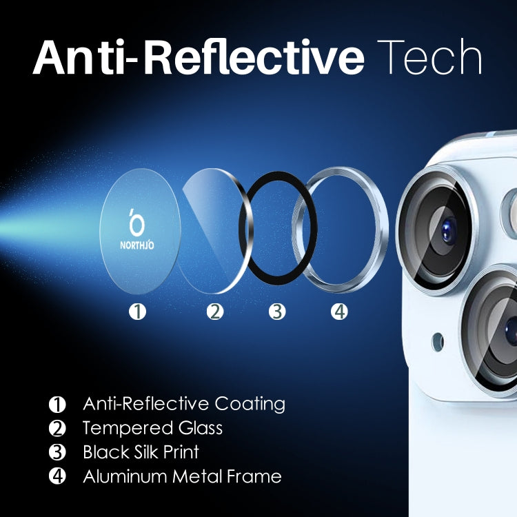 For iPhone 15 / 15 Plus / 14 / 14 Plus NORTHJO 3 Set 6pcs Camera Lens Protector Cover Metal Ring Film
