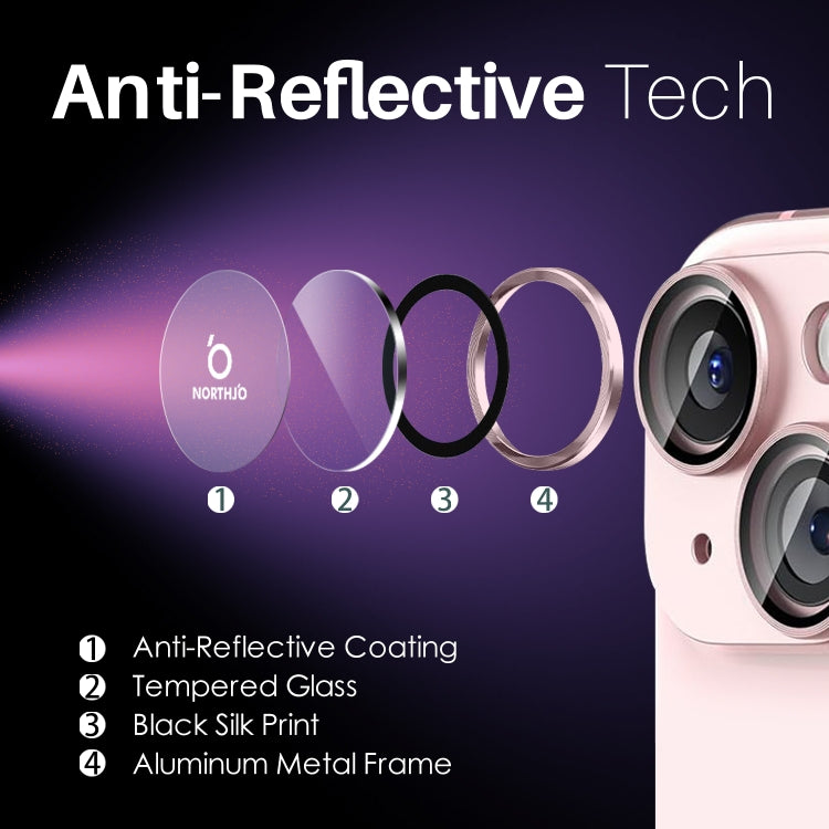 For iPhone 15 / 15 Plus / 14 / 14 Plus NORTHJO 3 Set 6pcs Camera Lens Protector Cover Metal Ring Film