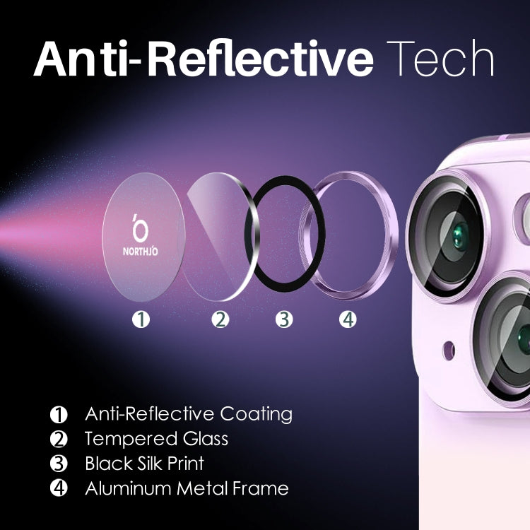 For iPhone 15 / 15 Plus / 14 / 14 Plus NORTHJO 3 Set 6pcs Camera Lens Protector Cover Metal Ring Film