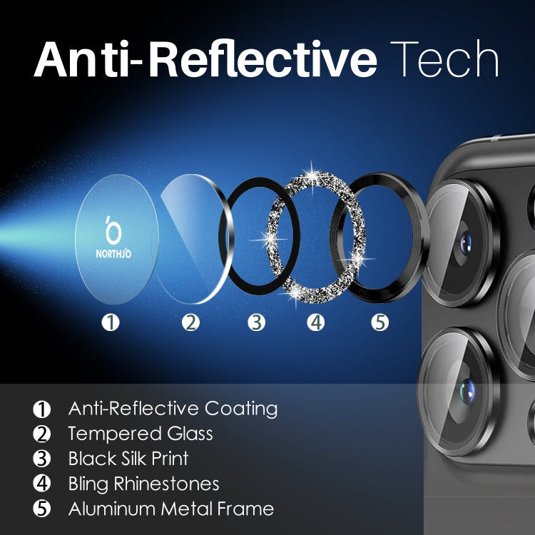 For iPhone 15 Pro / 15 Pro Max NORTHJO 2 Set 6pcs Camera Lens Protector Glitter Metal Ring Film