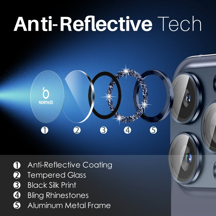 For iPhone 15 Pro / 15 Pro Max NORTHJO 2 Set 6pcs Camera Lens Protector Glitter Metal Ring Film