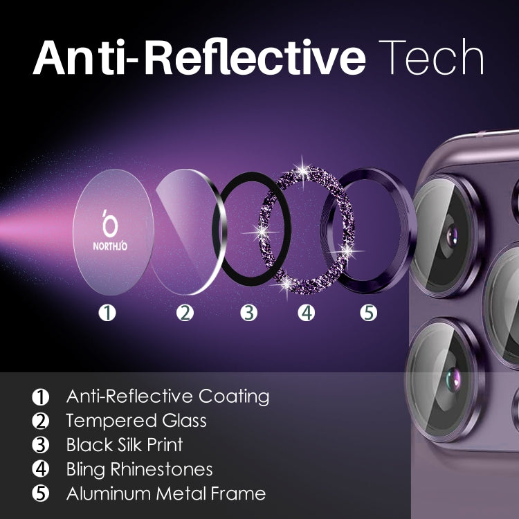 For iPhone 15 Pro / 15 Pro Max NORTHJO 2 Set 6pcs Camera Lens Protector Glitter Metal Ring Film