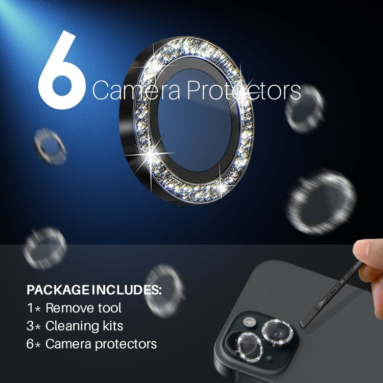 For iPhone 15 / 15 Plus / 14 / 14 Plus NORTHJO 3 Set 6pcs Camera Lens Protector Glitter Metal Ring Film