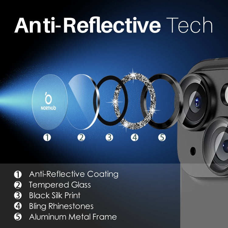 For iPhone 15 / 15 Plus / 14 / 14 Plus NORTHJO 3 Set 6pcs Camera Lens Protector Glitter Metal Ring Film