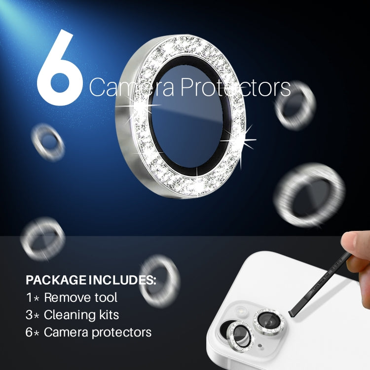For iPhone 15 / 15 Plus / 14 / 14 Plus NORTHJO 3 Set 6pcs Camera Lens Protector Glitter Metal Ring Film