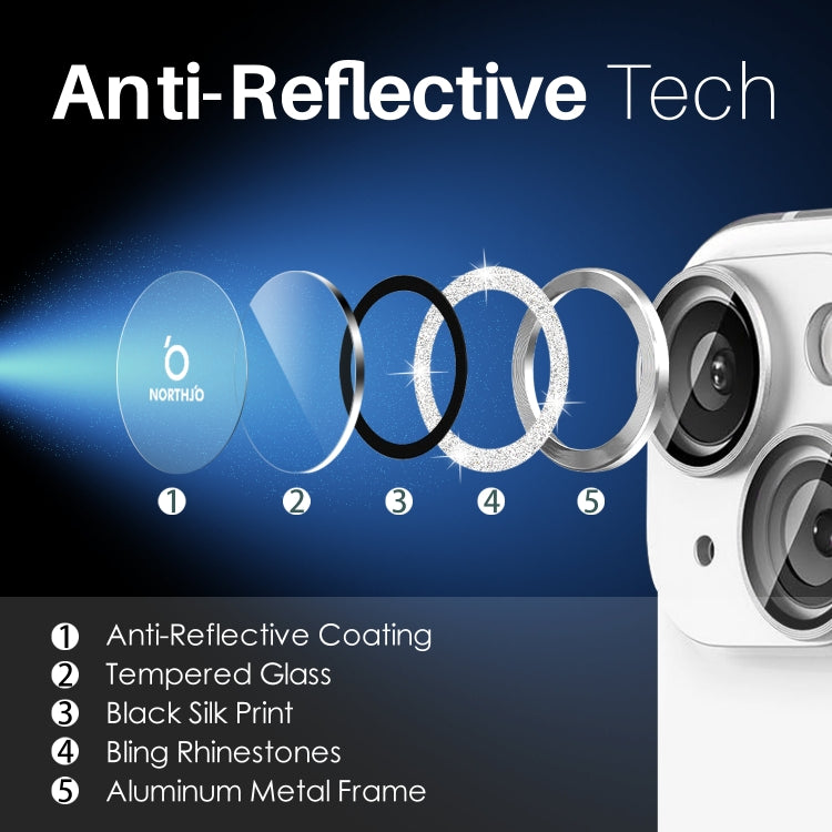 For iPhone 15 / 15 Plus / 14 / 14 Plus NORTHJO 3 Set 6pcs Camera Lens Protector Glitter Metal Ring Film