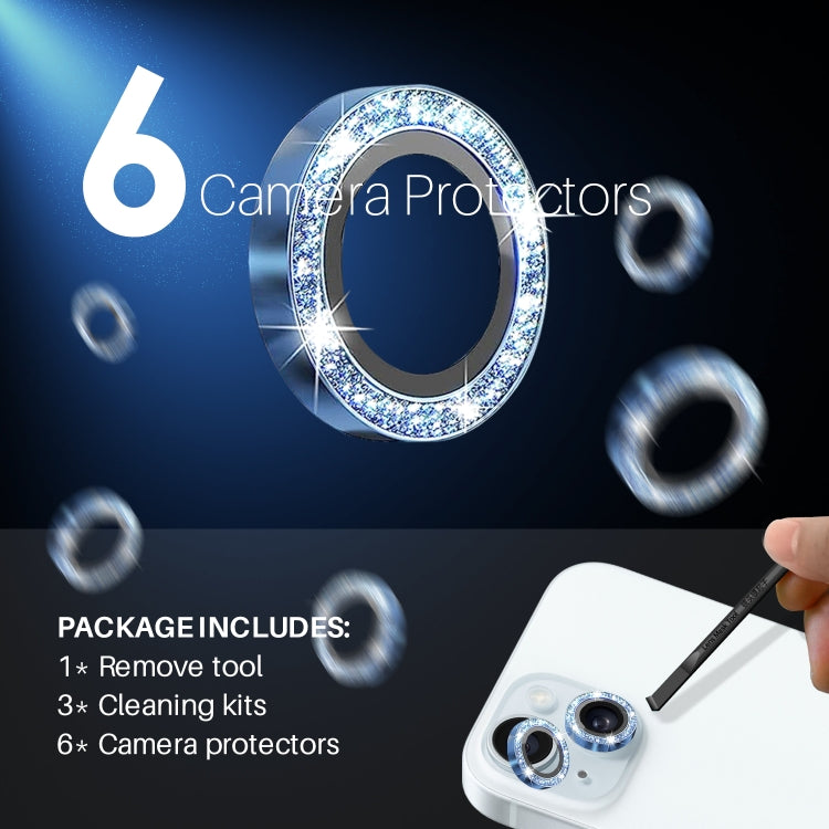 For iPhone 15 / 15 Plus / 14 / 14 Plus NORTHJO 3 Set 6pcs Camera Lens Protector Glitter Metal Ring Film