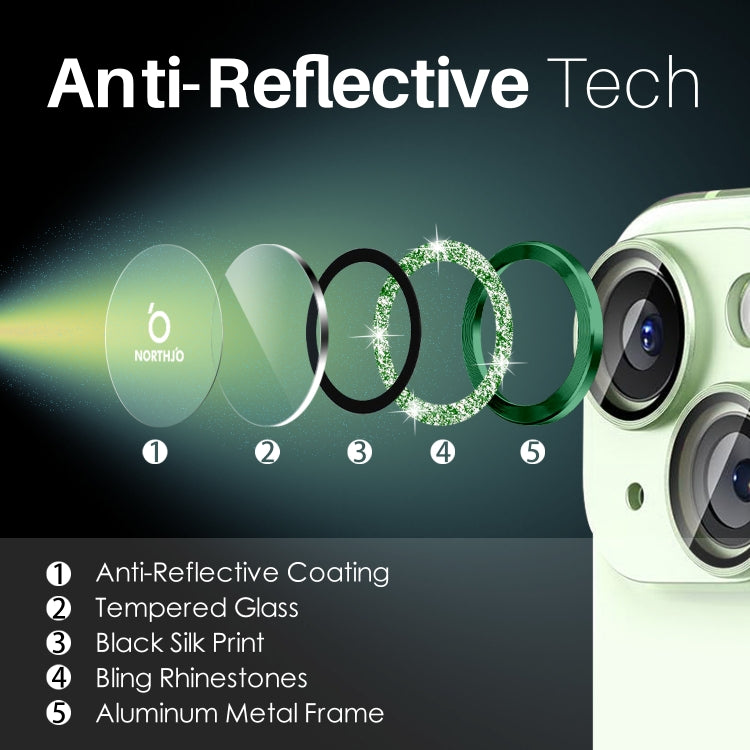 For iPhone 15 / 15 Plus / 14 / 14 Plus NORTHJO 3 Set 6pcs Camera Lens Protector Glitter Metal Ring Film