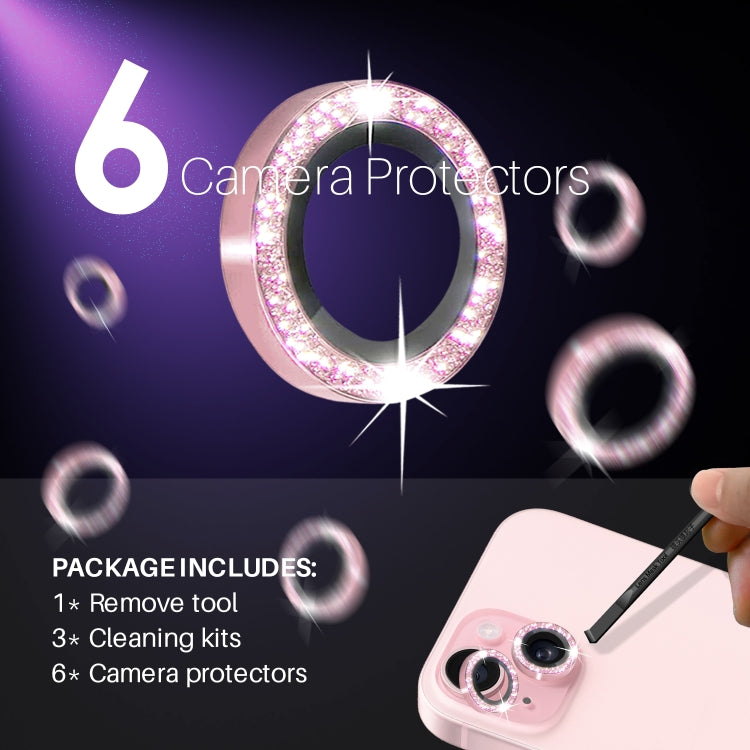 For iPhone 15 / 15 Plus / 14 / 14 Plus NORTHJO 3 Set 6pcs Camera Lens Protector Glitter Metal Ring Film