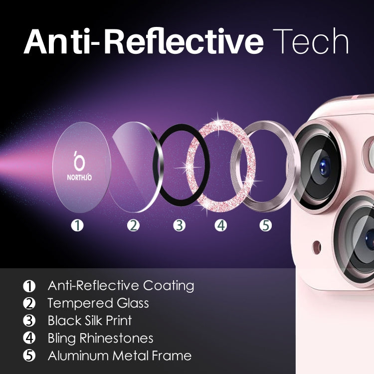 For iPhone 15 / 15 Plus / 14 / 14 Plus NORTHJO 3 Set 6pcs Camera Lens Protector Glitter Metal Ring Film