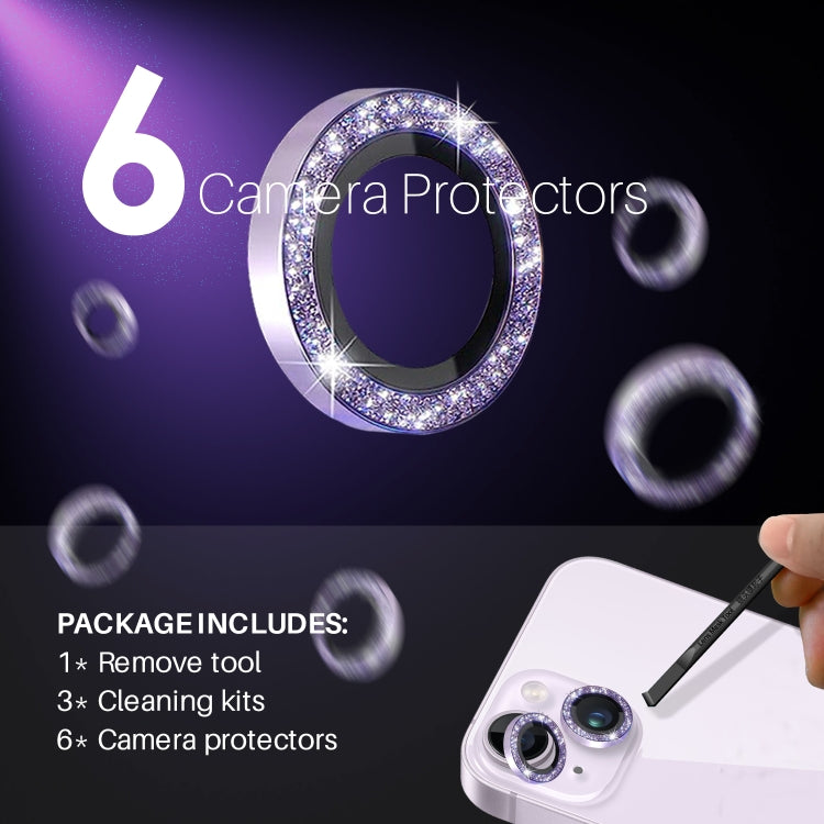 For iPhone 15 / 15 Plus / 14 / 14 Plus NORTHJO 3 Set 6pcs Camera Lens Protector Glitter Metal Ring Film