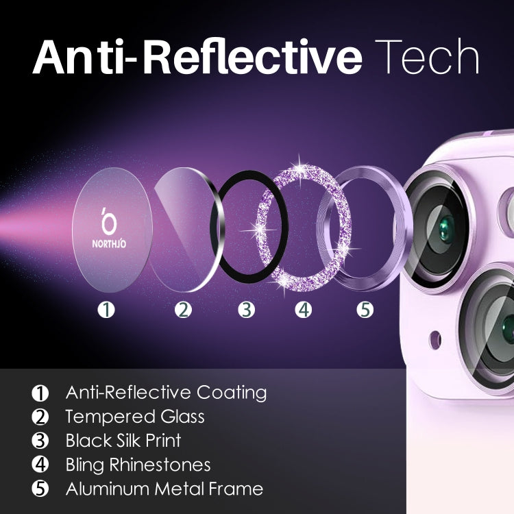 For iPhone 15 / 15 Plus / 14 / 14 Plus NORTHJO 3 Set 6pcs Camera Lens Protector Glitter Metal Ring Film