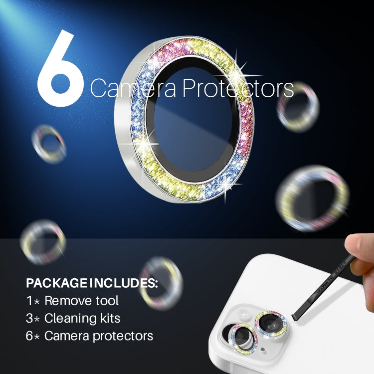 For iPhone 15 / 15 Plus / 14 / 14 Plus NORTHJO 3 Set 6pcs Camera Lens Protector Glitter Metal Ring Film