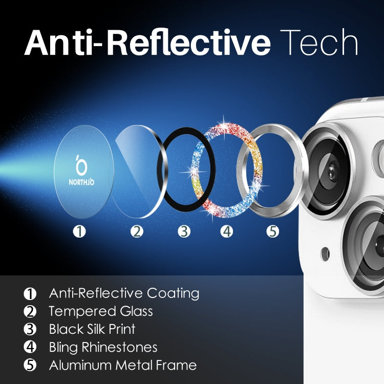 For iPhone 15 / 15 Plus / 14 / 14 Plus NORTHJO 3 Set 6pcs Camera Lens Protector Glitter Metal Ring Film