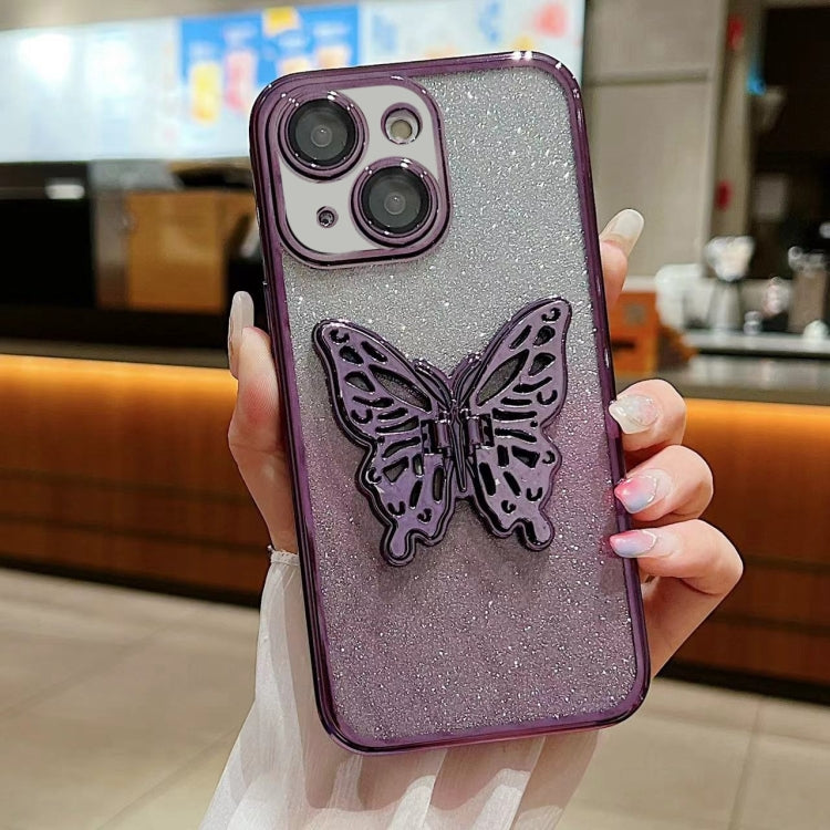 For iPhone 15 Plus Electroplated Gradient Glitter 3D Butterfly TPU Phone Case
