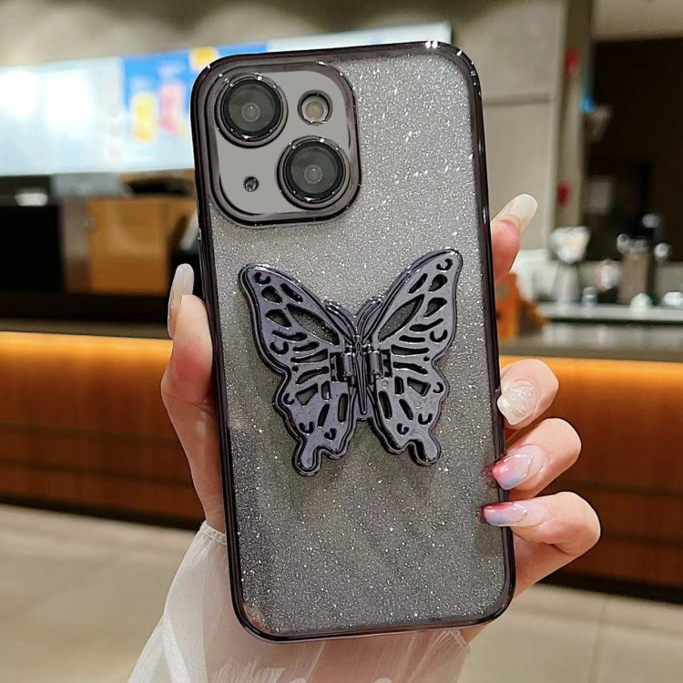 For iPhone 15 Electroplated Gradient Glitter 3D Butterfly TPU Phone Case