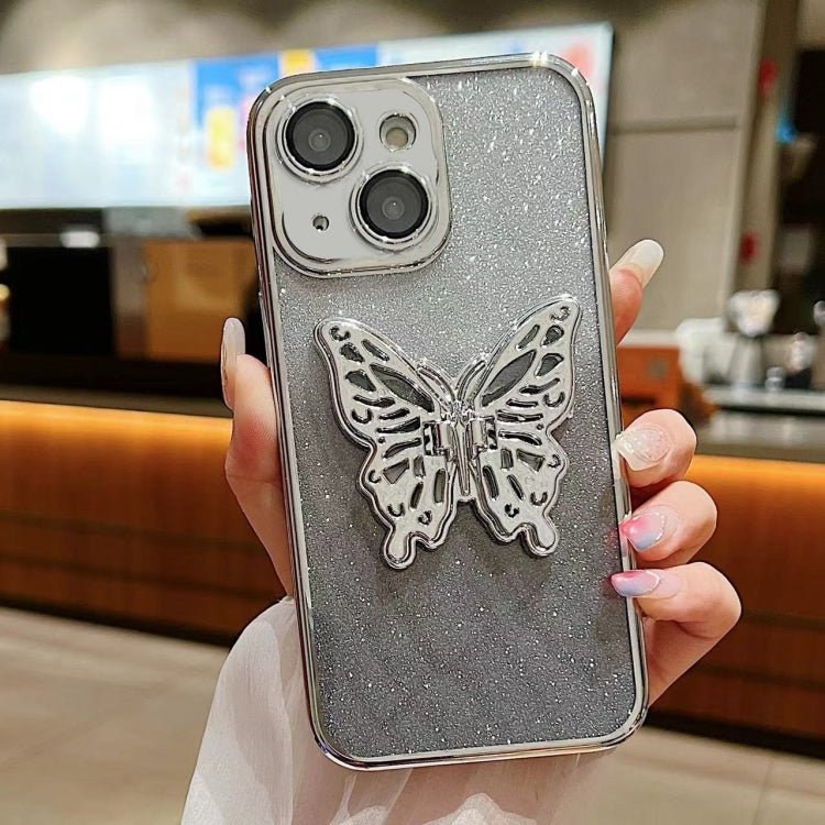 For iPhone 15 Electroplated Gradient Glitter 3D Butterfly TPU Phone Case
