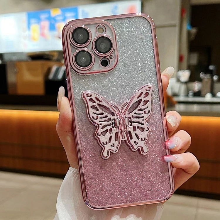 For iPhone 12 Pro Electroplated Gradient Glitter 3D Butterfly TPU Phone Case - Gradient Pink