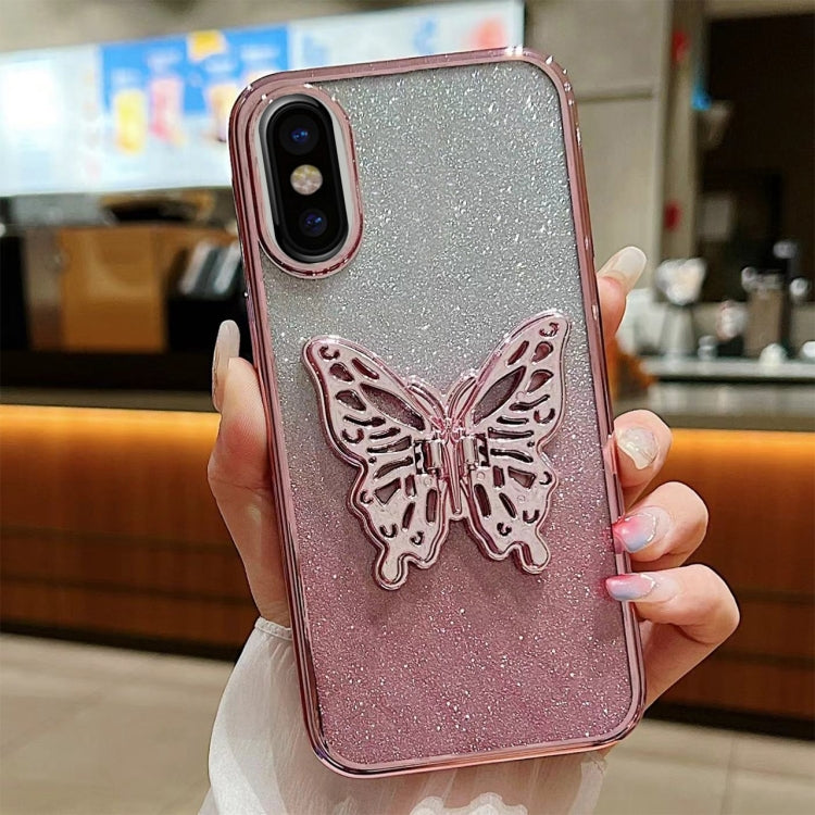 For iPhone X / XS Electroplated Gradient Glitter 3D Butterfly TPU Phone Case - Gradient Pink