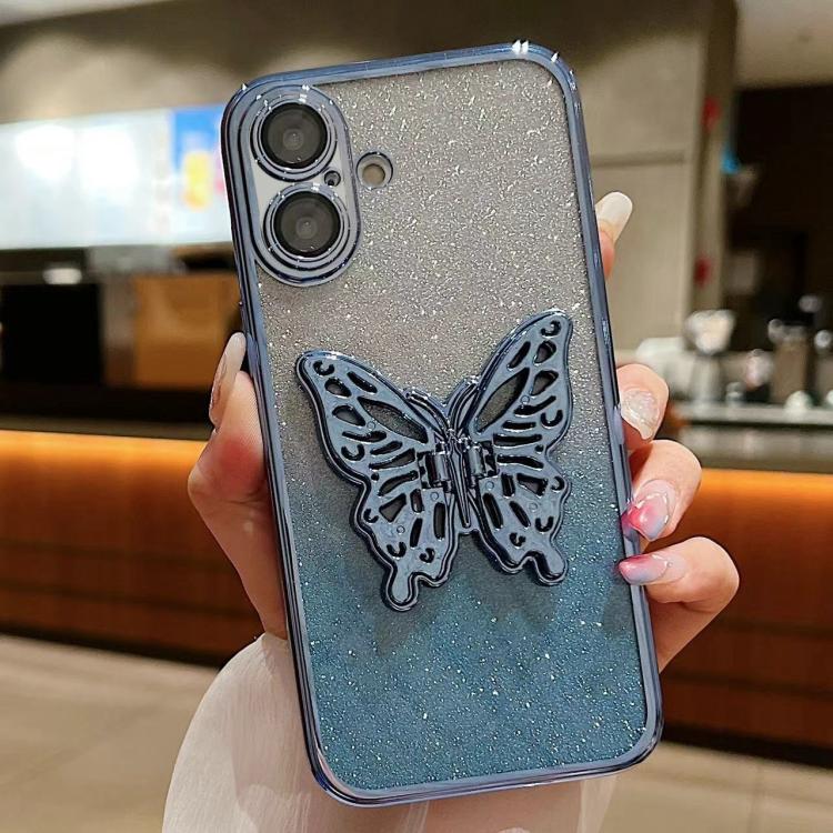 For iPhone 16 Electroplated Gradient Glitter 3D Butterfly TPU Phone Case