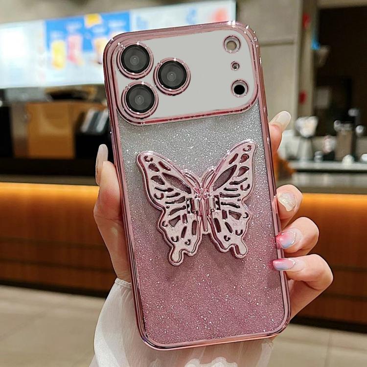 For iPhone 17 Pro Electroplated Gradient Glitter 3D Butterfly TPU Phone Case - Gradient Pink