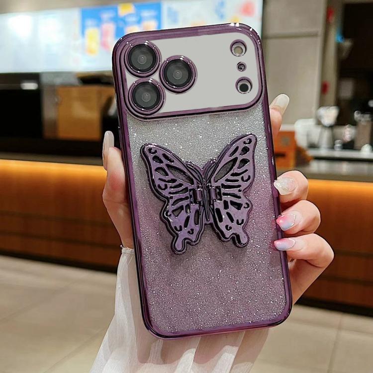 For iPhone 17 Pro Electroplated Gradient Glitter 3D Butterfly TPU Phone Case