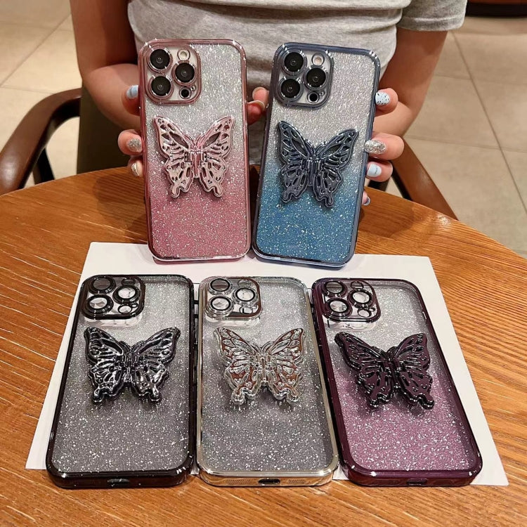 For iPhone 15 Plus Electroplated Gradient Glitter 3D Butterfly TPU Phone Case - Gradient Pink