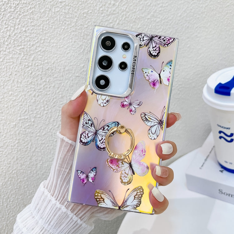 For Samsung Galaxy S22 Ultra 5G Electroplating Laser Butterfly Ring Holder Phone Case