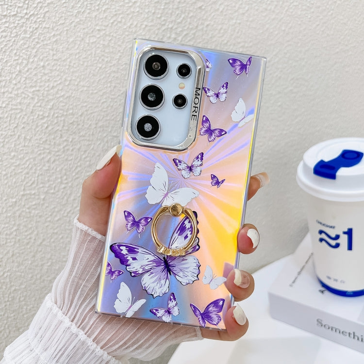 For Samsung Galaxy S22 Ultra 5G Electroplating Laser Butterfly Ring Holder Phone Case