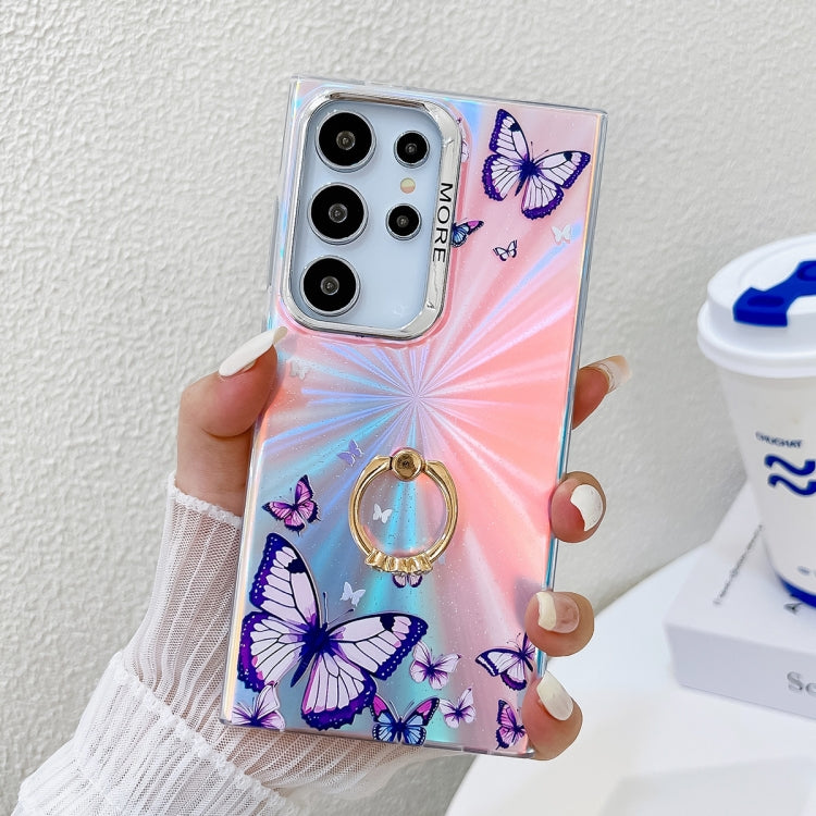 For Samsung Galaxy S22 Ultra 5G Electroplating Laser Butterfly Ring Holder Phone Case