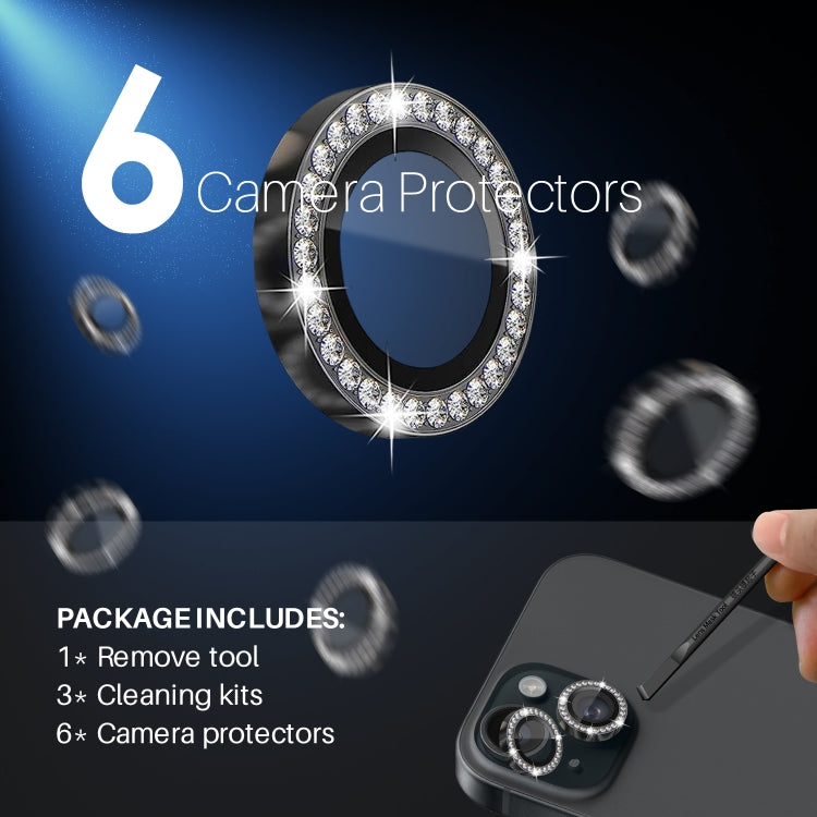 For iPhone 15 / 15 Plus / 14 / 14 Plus NORTHJO 3 Set 6Pcs Camera Lens Protector Diamond Metal Ring Film