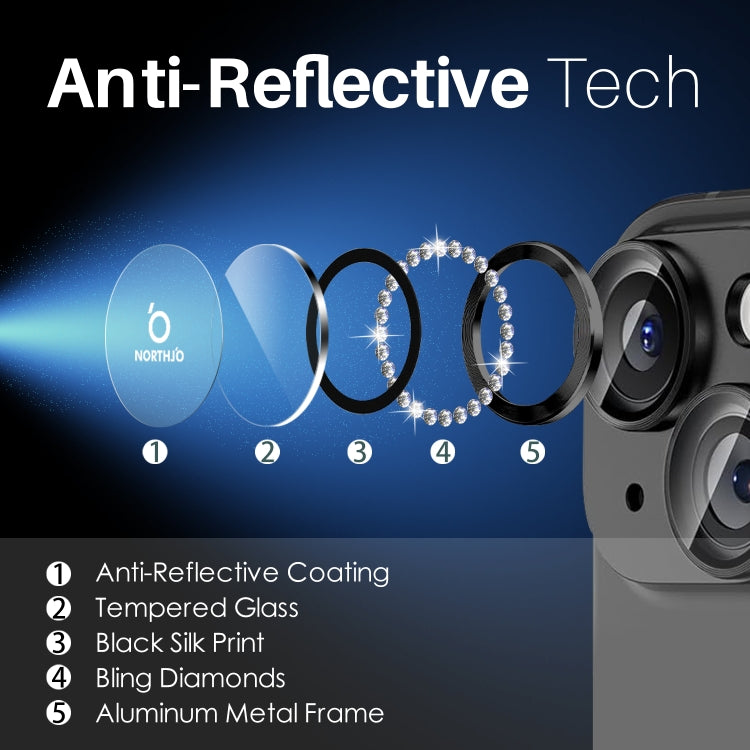 For iPhone 15 / 15 Plus / 14 / 14 Plus NORTHJO 3 Set 6Pcs Camera Lens Protector Diamond Metal Ring Film