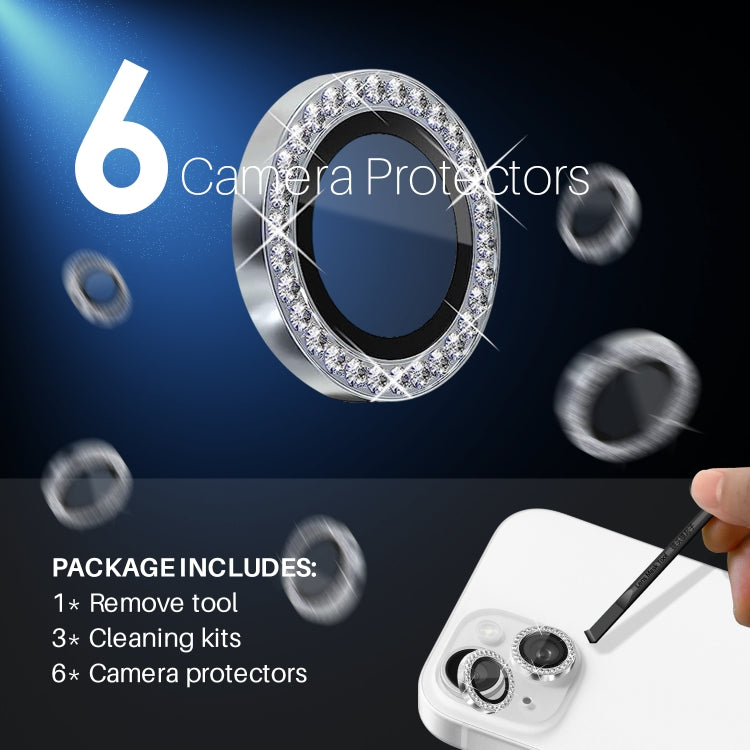 For iPhone 15 / 15 Plus / 14 / 14 Plus NORTHJO 3 Set 6Pcs Camera Lens Protector Diamond Metal Ring Film
