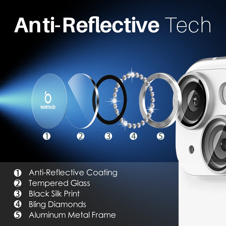 For iPhone 15 / 15 Plus / 14 / 14 Plus NORTHJO 3 Set 6Pcs Camera Lens Protector Diamond Metal Ring Film