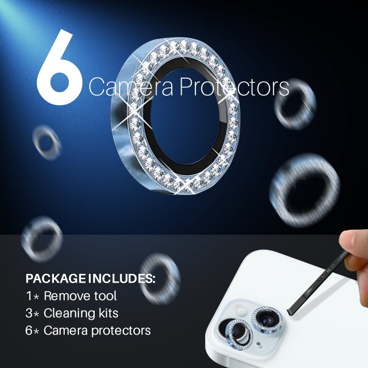 For iPhone 15 / 15 Plus / 14 / 14 Plus NORTHJO 3 Set 6Pcs Camera Lens Protector Diamond Metal Ring Film
