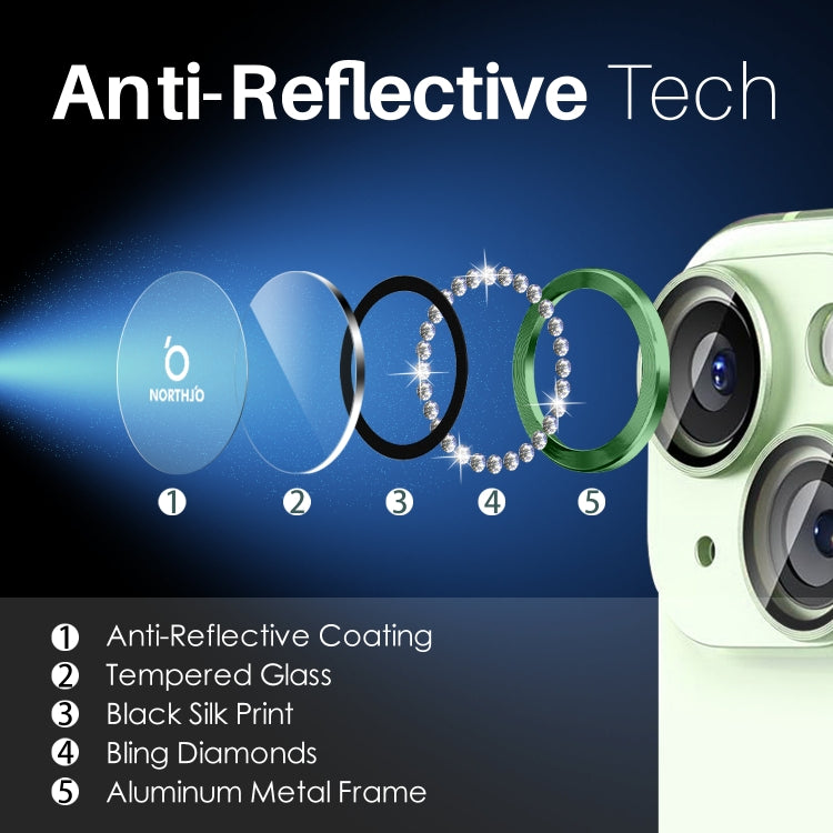 For iPhone 15 / 15 Plus / 14 / 14 Plus NORTHJO 3 Set 6Pcs Camera Lens Protector Diamond Metal Ring Film