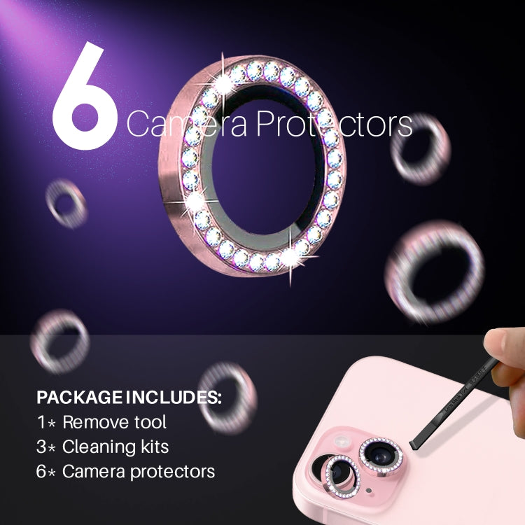 For iPhone 15 / 15 Plus / 14 / 14 Plus NORTHJO 3 Set 6Pcs Camera Lens Protector Diamond Metal Ring Film