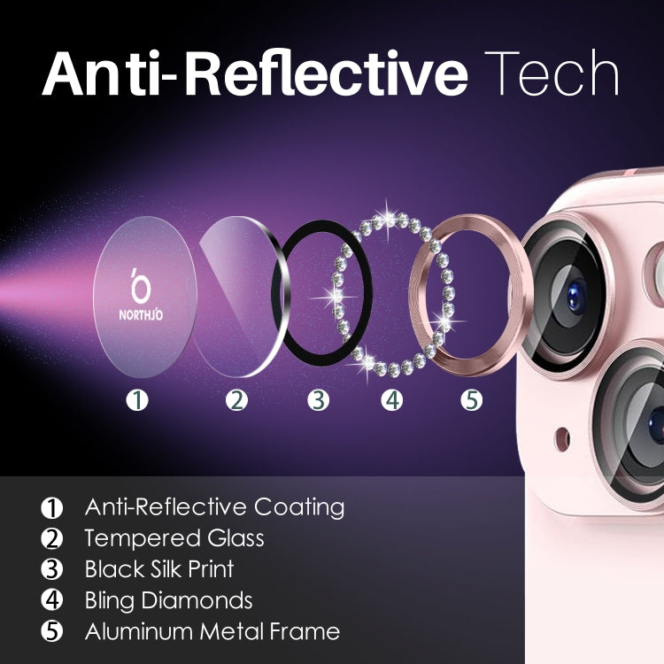 For iPhone 15 / 15 Plus / 14 / 14 Plus NORTHJO 3 Set 6Pcs Camera Lens Protector Diamond Metal Ring Film