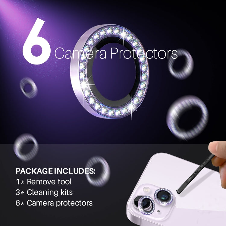 For iPhone 15 / 15 Plus / 14 / 14 Plus NORTHJO 3 Set 6Pcs Camera Lens Protector Diamond Metal Ring Film