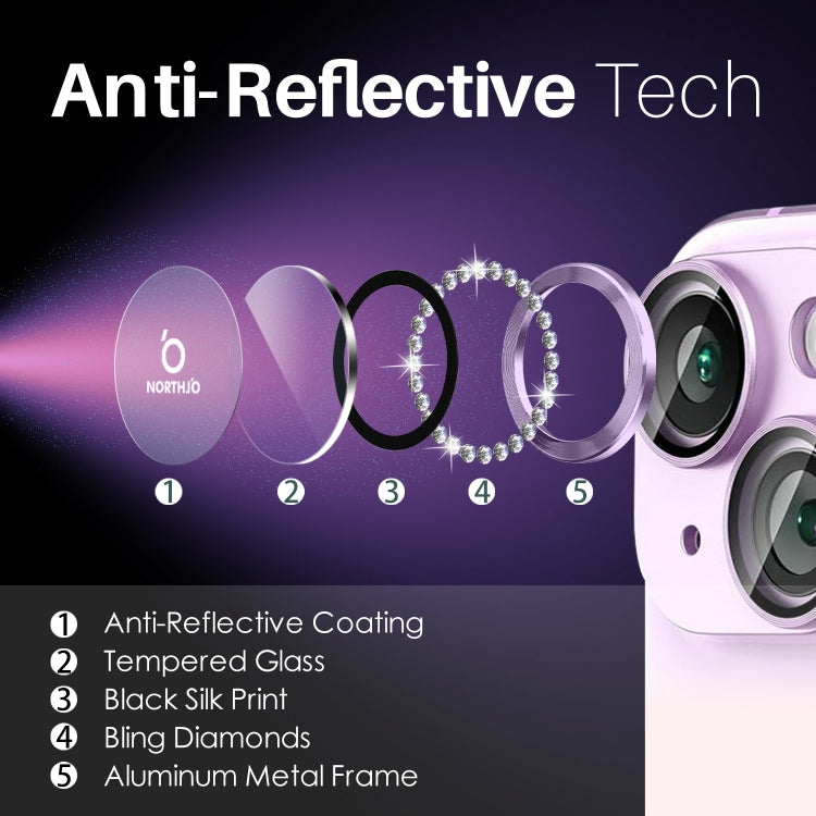 For iPhone 15 / 15 Plus / 14 / 14 Plus NORTHJO 3 Set 6Pcs Camera Lens Protector Diamond Metal Ring Film