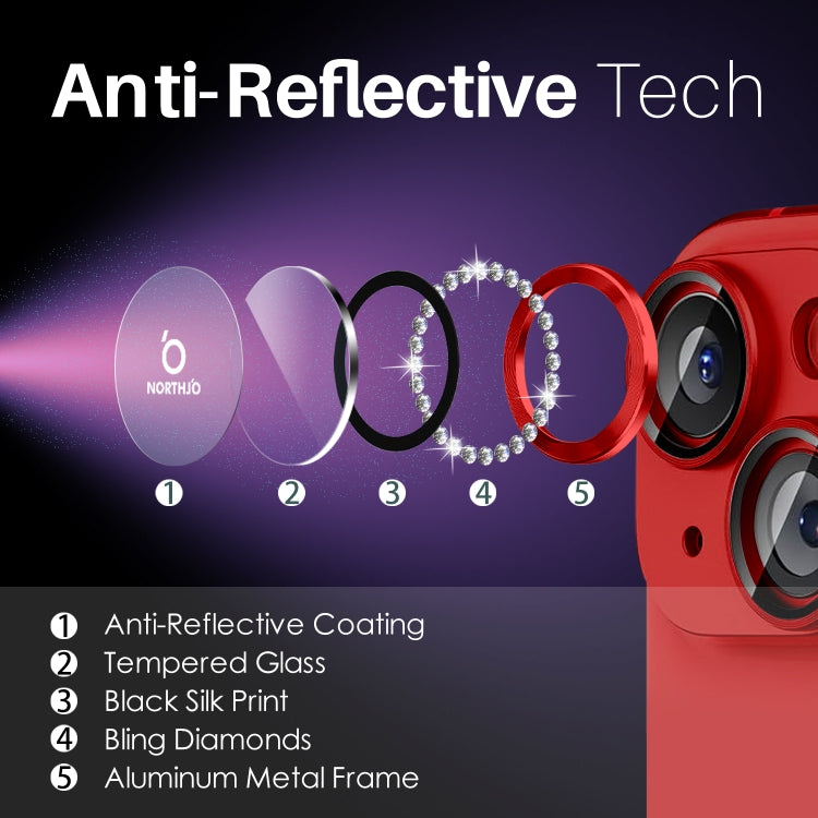 For iPhone 15 / 15 Plus / 14 / 14 Plus NORTHJO 3 Set 6Pcs Camera Lens Protector Diamond Metal Ring Film