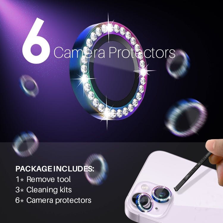 For iPhone 15 / 15 Plus / 14 / 14 Plus NORTHJO 3 Set 6Pcs Camera Lens Protector Diamond Metal Ring Film
