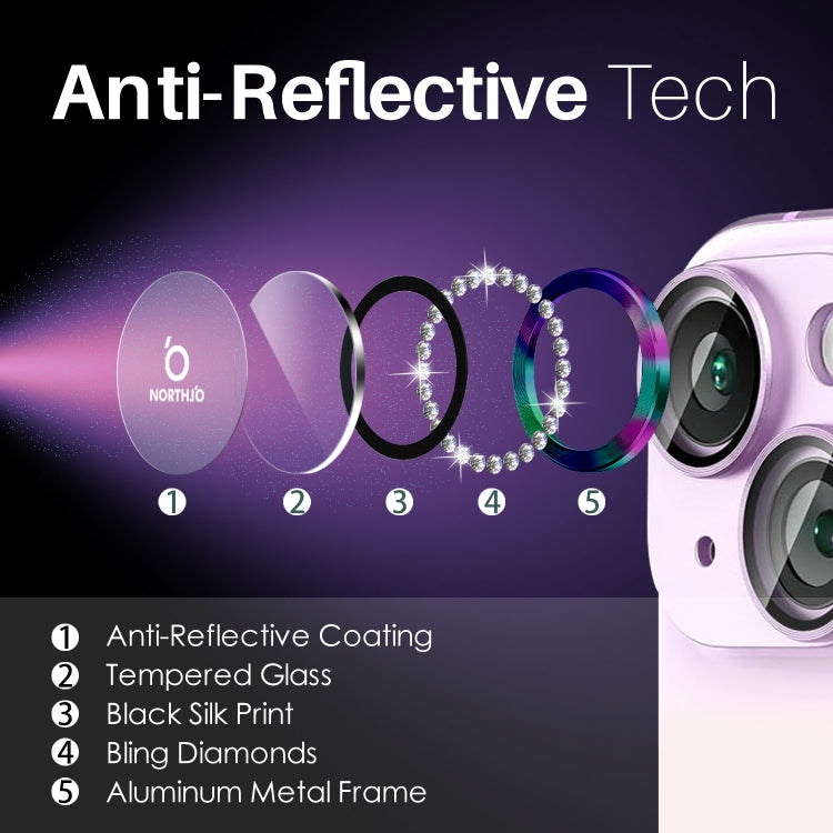 For iPhone 15 / 15 Plus / 14 / 14 Plus NORTHJO 3 Set 6Pcs Camera Lens Protector Diamond Metal Ring Film