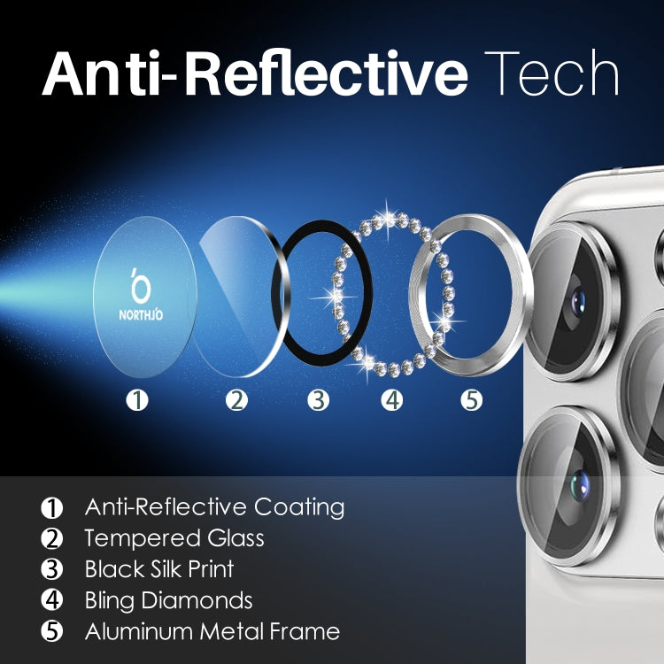 For iPhone 15 Pro / 15 Pro Max NORTHJO 2 Set 6Pcs Camera Lens Protector Diamond Metal Ring Film