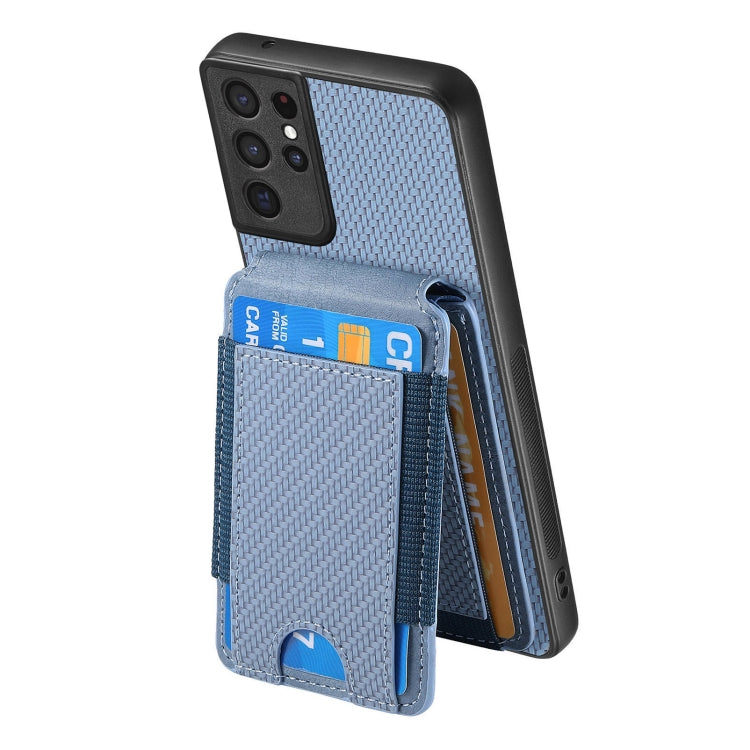 For Samsung Galaxy S21 Ultra 5G Carbon Fiber Vertical Flip Wallet Stand Phone Case