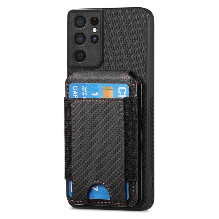 For Samsung Galaxy S21 Ultra 5G Carbon Fiber Vertical Flip Wallet Stand Phone Case