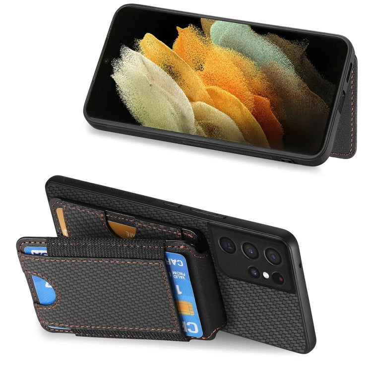 For Samsung Galaxy S21 Ultra 5G Carbon Fiber Vertical Flip Wallet Stand Phone Case